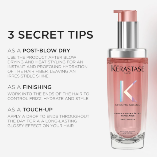 Kérastase Chroma Absolu High Shine Hair Oil 75ML for Damaged Colour-Treated Hair, Lightweight Formula with Lactic Acid, Huile Chroma Éclat, Refillable