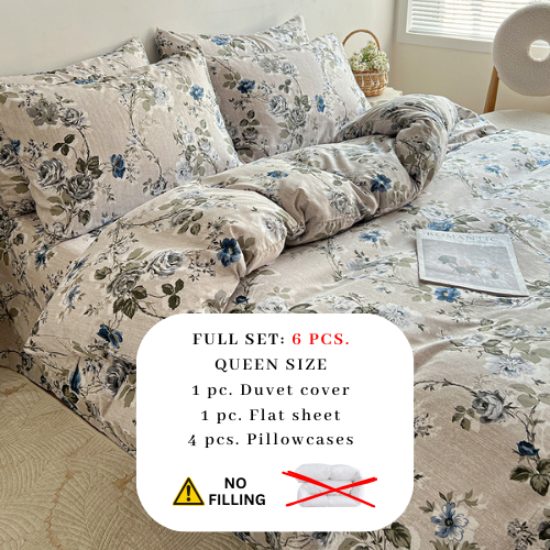 Queen size 6-piece duvet cover set with blue roses.