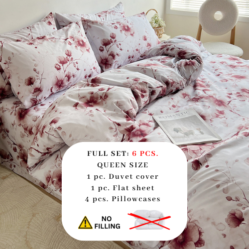 Queen size 6-piece duvet cover set featuring a Sakura Dusty Pink print on a white background.
