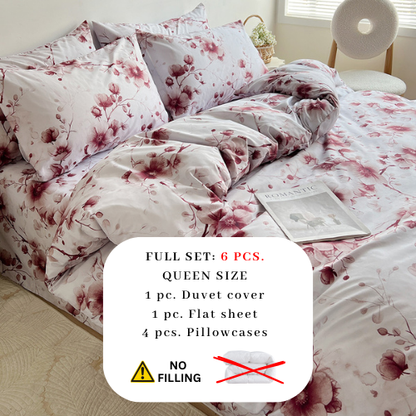 Queen size 6-piece duvet cover set featuring a Sakura Dusty Pink print on a white background.