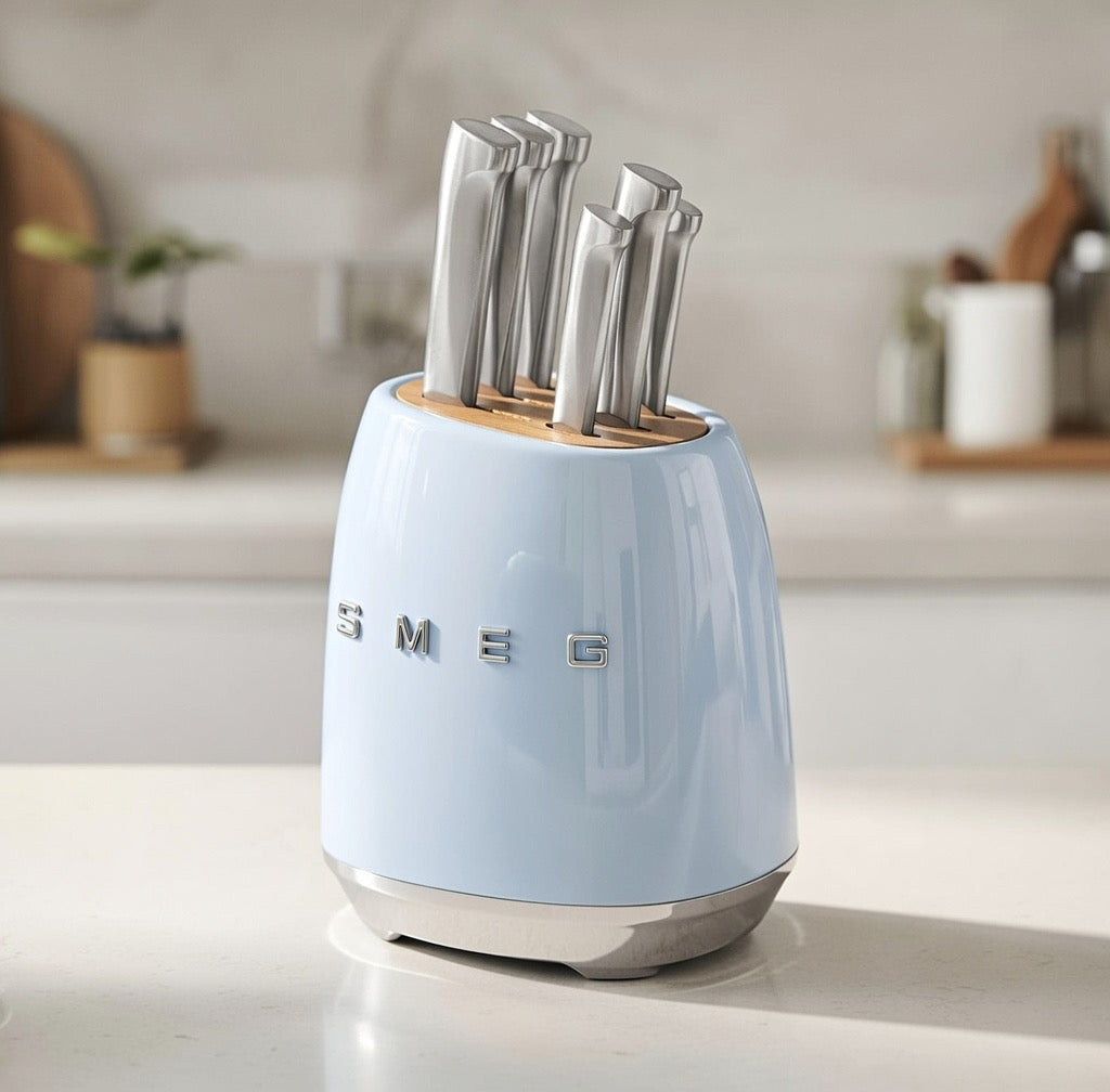 SMEG Knife Set – Complect set 6-Piece Stainless Steel and Knife Block, Italian Design, Blue.