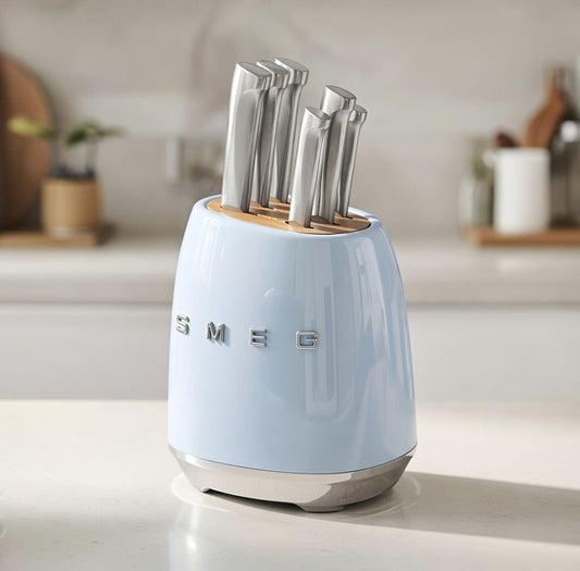 SMEG Knife Set – Complect set 6-Piece Stainless Steel and Knife Block, Italian Design, Blue.