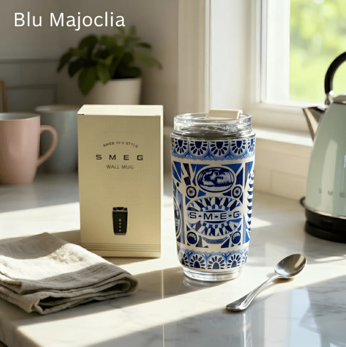 Blue and white patterned mug with SMEG branding on a kitchen counter. 240ML Smeg Beverage Cup Travel Portable Car Drinking Cup Stainless Steel Vacuum Leak proof Coffee Thermos, Blue Majoclia - BusDeals