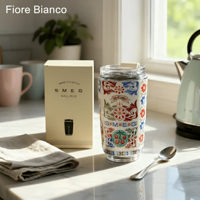 SMEG Wall Mug, 240ml Insulated Stainless Steel Coffee mug,  Cream Print