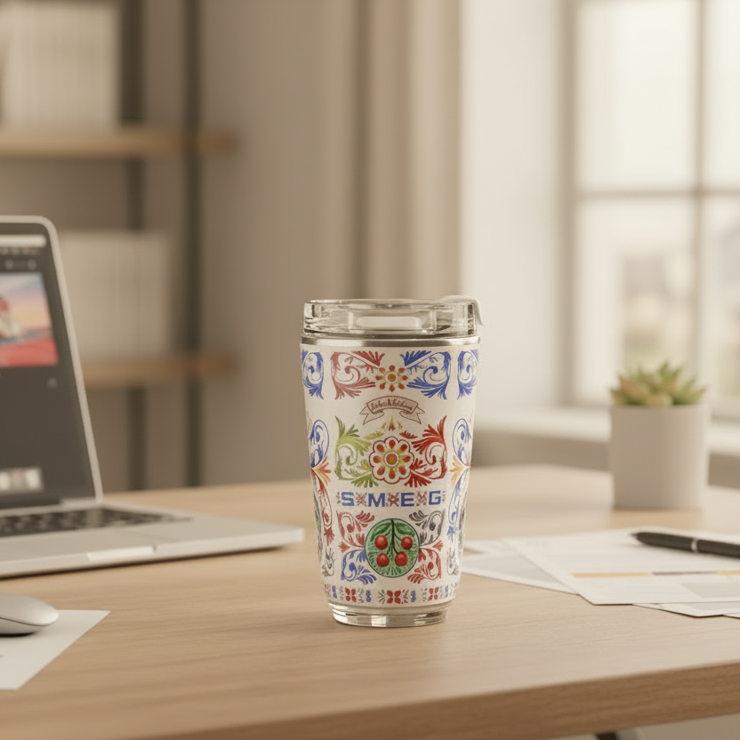 Colorful tumbler with floral patterns on a white background