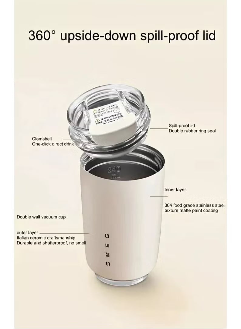 White double-walled vacuum cup with 360° upside-down spill-proof lid on a beige background