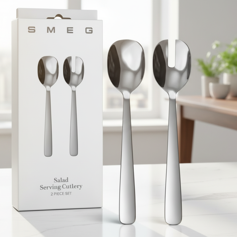 Two silver salad serving utensils in front of their packaging labeled 'SMEG'.