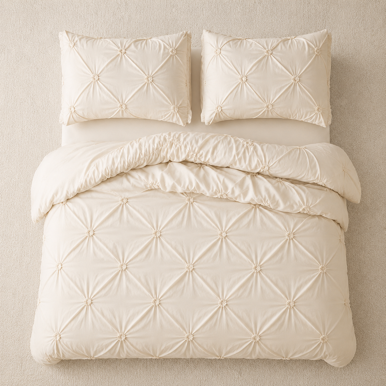 Premium 6 Piece King Size Duvet Cover Pinch Flower Design, Solid Nude Beige color.