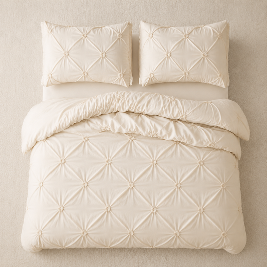 Premium 6 Piece King Size Duvet Cover Pinch Flower Design, Solid Nude Beige color.