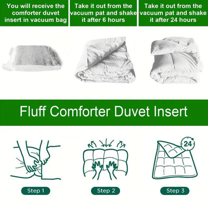 Queen Size 200 x 230 cm. A soft and comfortable duvet, vacuum-packaged.