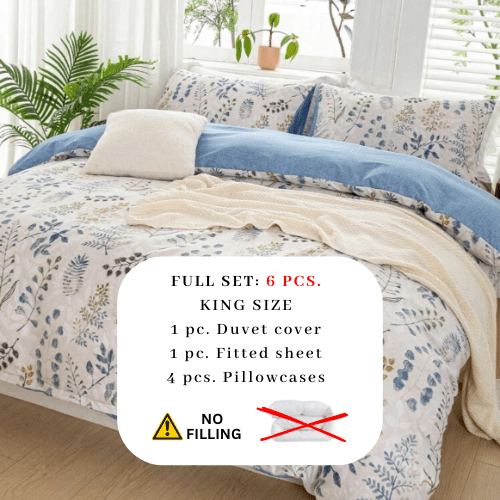 King size 6 piece bedding set, featuring a beautiful blue leaf design.