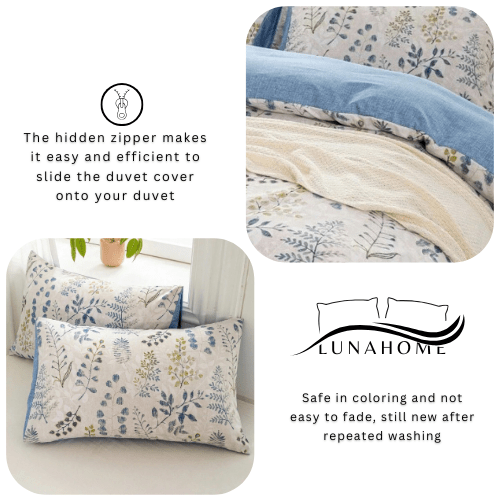 King size 6 piece bedding set, featuring a beautiful blue leaf design.