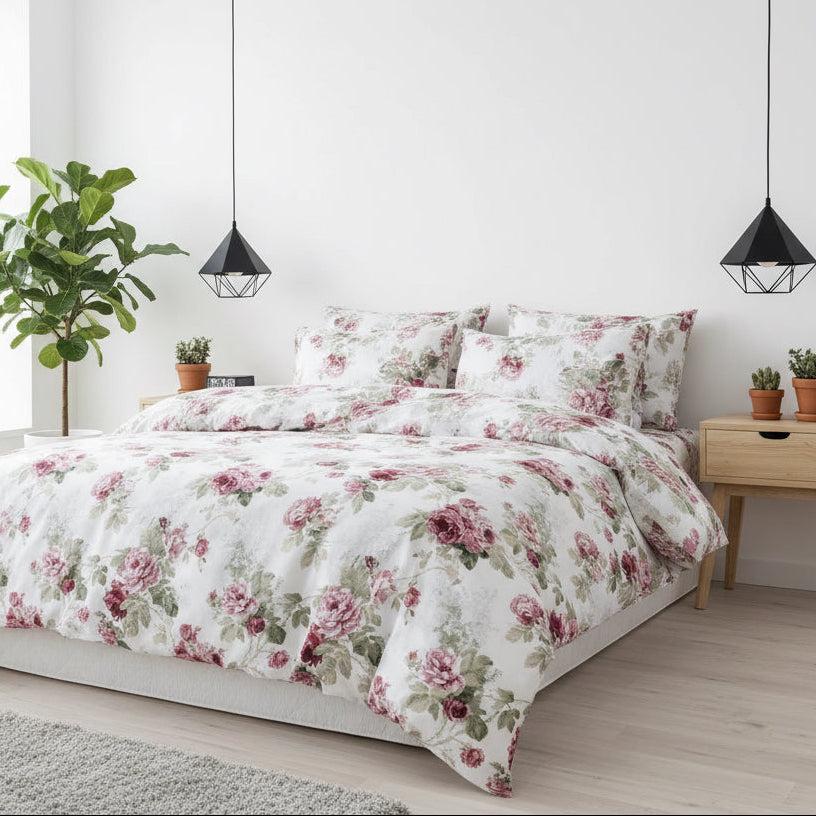 King size 6-piece  duvet cover set rose print with green leaves.