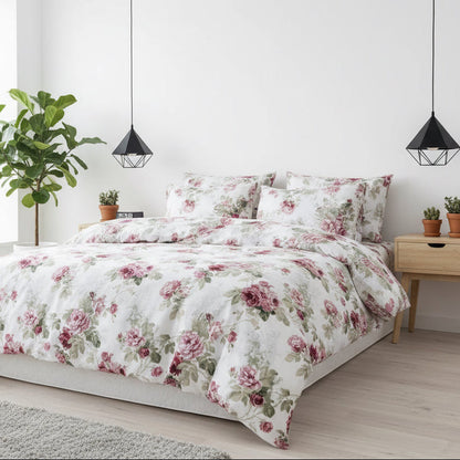 King size 6-piece  duvet cover set rose print with green leaves.