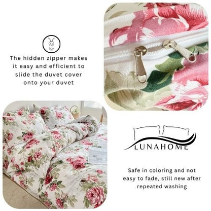 King size 6-piece  duvet cover set rose print with green leaves.