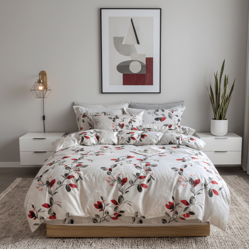 King size 6 - piece modern duvet cover set with red leaf. - BusDeals