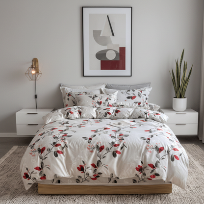 King size 6 - piece modern duvet cover set with red leaf. - BusDeals