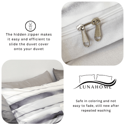 King size, 6-piece, reversible duvet cover set featuring a striped design in a vibrant gray color.