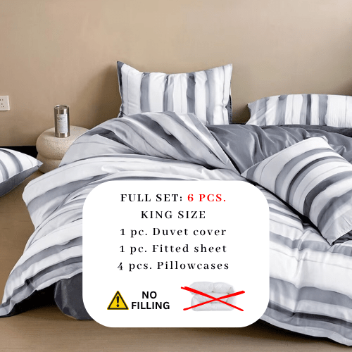 King size, 6-piece, reversible duvet cover set featuring a striped design in a vibrant gray color.