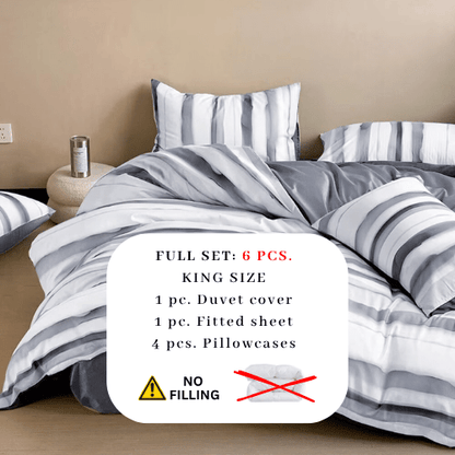 King size, 6-piece, reversible duvet cover set featuring a striped design in a vibrant gray color.