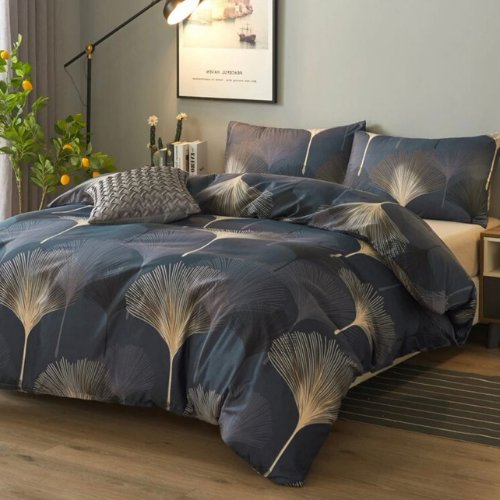 King size 6 pieces Bedding Set without filling , Dark blue color Elegant Leaf Design