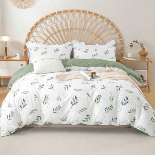 King size 6 Pieces Botanical fresh Green Leaf/Leaves Reversible Design.