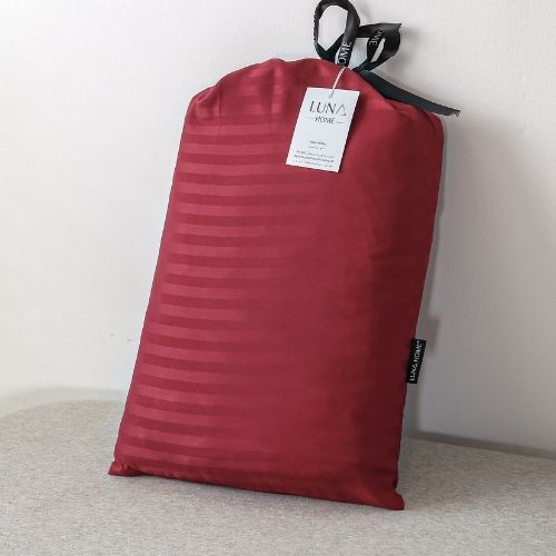 Premium King Size 6 Pieces Bedding Set without filler, Solid Berry Red Color, Satin Stripe Design - BusDeals