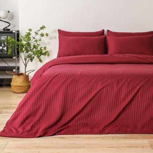 Premium King Size 6 Pieces Bedding Set without filler, Solid Berry Red Color, Satin Stripe Design - BusDeals