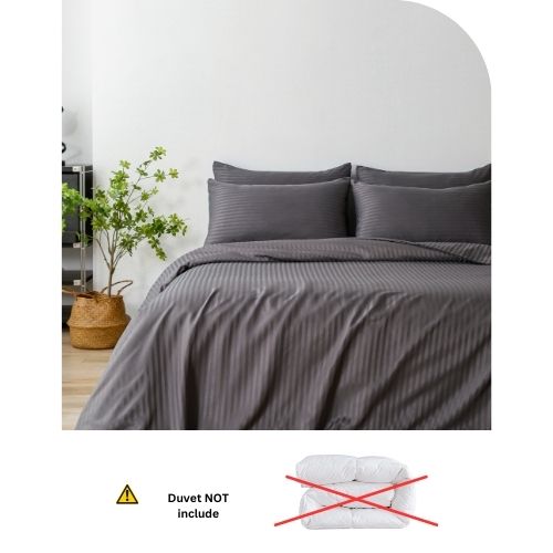 Premium King Size 6 Pieces Bedding Set without filler, Solid Dark Gray Color, Satin Stripe Design. - BusDeals