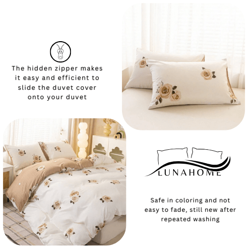 Queen 6 - piece beige duvet cover set featuring a beautiful rose design and reversible style. - BusDeals