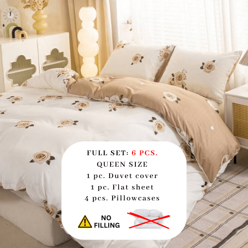 Queen 6 - piece beige duvet cover set featuring a beautiful rose design and reversible style. - BusDeals