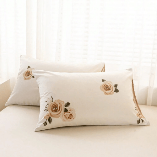 Queen 6 - piece beige duvet cover set featuring a beautiful rose design and reversible style. - BusDeals