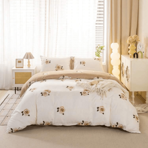 Queen 6 - piece beige duvet cover set featuring a beautiful rose design and reversible style. - BusDeals