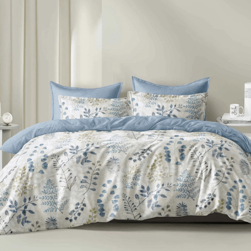 Queen size 6 piece bedding set, featuring a beautiful blue leaf design.