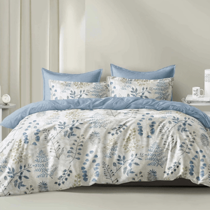 Queen size 6 piece bedding set, featuring a beautiful blue leaf design.
