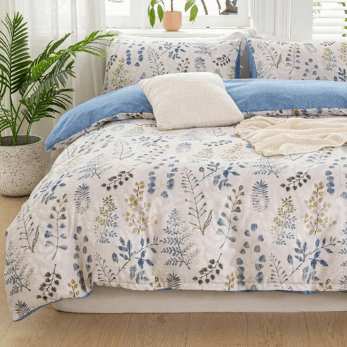 Queen size 6 piece bedding set, featuring a beautiful blue leaf design.