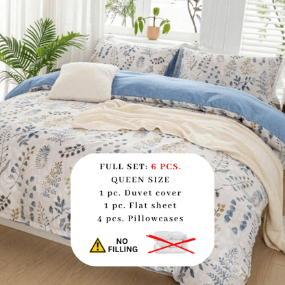 Queen size 6 piece bedding set, featuring a beautiful blue leaf design.