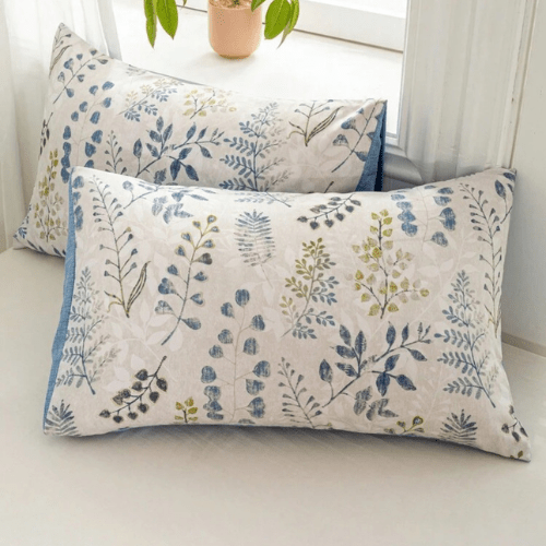 Queen size 6 piece bedding set, featuring a beautiful blue leaf design.