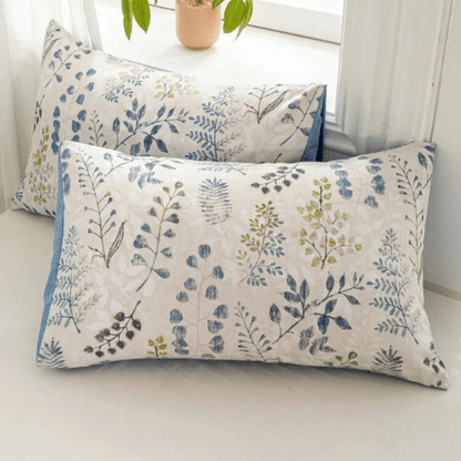 Queen size 6 piece bedding set, featuring a beautiful blue leaf design.