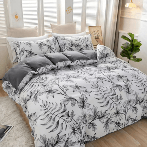 King size 6 piece bedding set with gray leaf pattern, very soft quality.