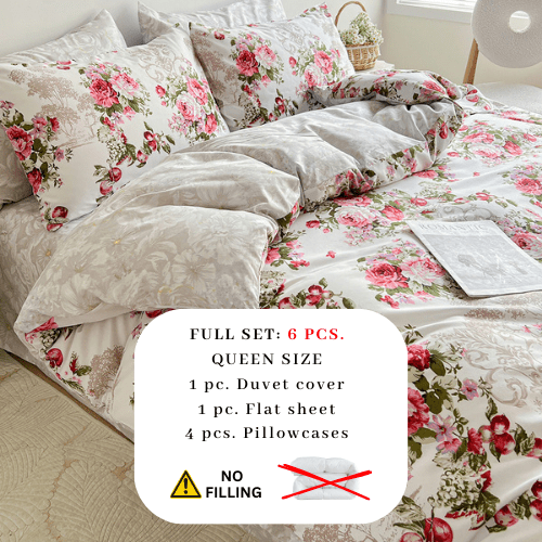 Queen size 6-piece duvet cover set with Burgundy roses, reversible style.
