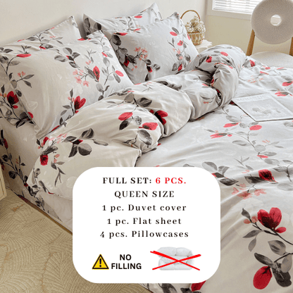 Queen size 6 - piece modern duvet cover set with red leaf. - BusDeals