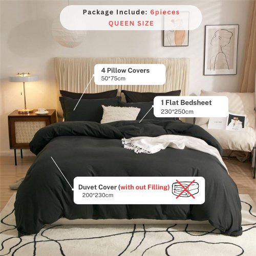 Queen size 6 Pieces Bedding set, Washable Cotton Black Color - BusDeals