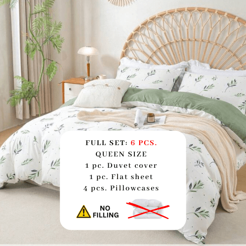 Queen size 6 Pieces Botanical fresh Green Leaf/Leaves Reversible Design.