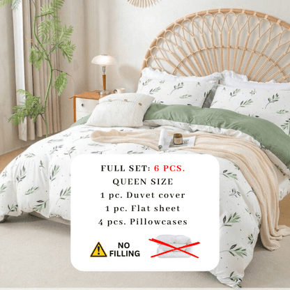 Queen size 6 Pieces Botanical fresh Green Leaf/Leaves Reversible Design.
