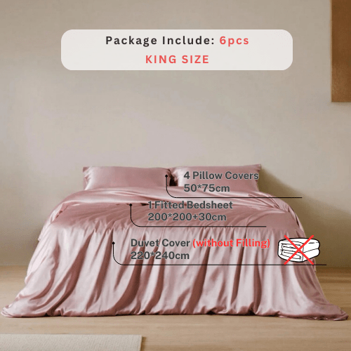Silky Satin, King Size 6-Piece Duvet Cover Set, Plain Pink Color.
