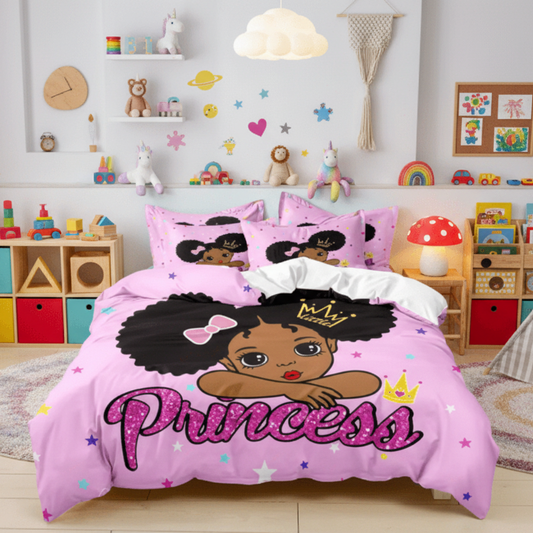 Pink 'Princess' themed bedding set with a child's room in the background