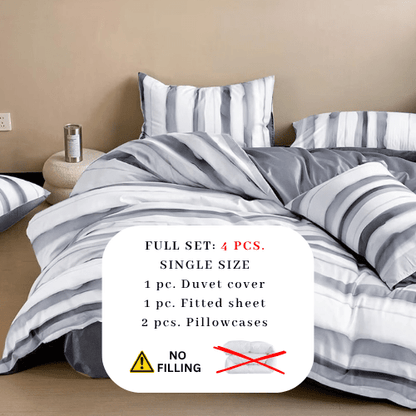 Single size, 4-piece, reversible duvet cover set featuring a striped design in a vibrant gray color.