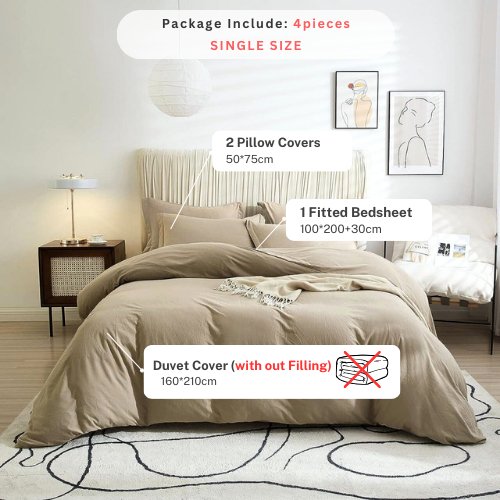 Single size 4 pieces extra soft bedding set, Washable Cotton Beige Color.