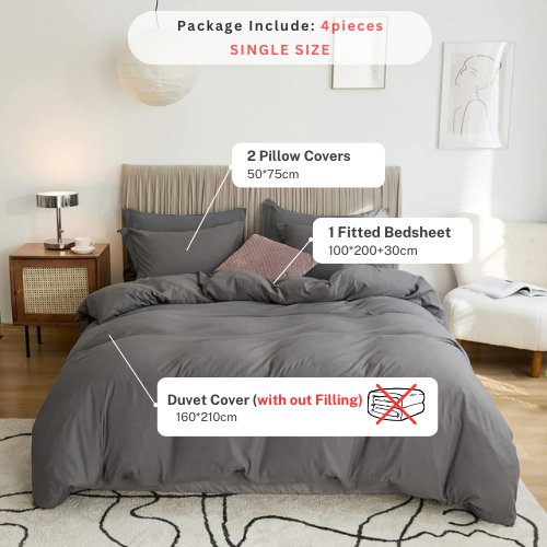 Single Size 4 Pieces extra soft Bedding Set, Washable Cotton Dark Gray Color.